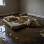 A close-up of waterlogged, soiled mattresses and pillows lying on a floor, clearly demonstrating the severe impact of Category 3 sewage. This visual illustrates why remediation specialists strictly adhere to the Hygiene Item Rule, which mandates these items be discarded due to irreparable contamination.