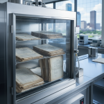 A clear view inside our specialized vacuum freeze-drying machine, showcasing multiple racks holding wet legal documents and vital archives. This illustrates the meticulous process our restoration company in Houston uses to preserve water-damaged paperwork.