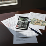 Close-up of a calculator displaying '18%', alongside stacks of cash and legal documents, directly relating to the Texas Prompt Payment of Claims Act and its 18% statutory interest penalty for delayed insurance claims.