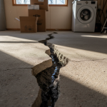 Close-up view of a severely cracked concrete slab, indicating significant foundation movement. This damage visualizes how montmorillonite clay reacts to hidden water leaks, causing slab heave and requiring expert water damage repair in Katy.