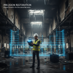 A 24/7 Restoration Specialists technician uses a high-precision LiDAR scanner in a severely damaged building, capturing detailed data for accurate damage assessment. This process generates crucial evidence for creating indisputable proof of loss in complex insurance claims, as discussed in 'Restoration Experts: Utilizing Digital Twin Forensics'.