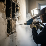 A close-up view of severely charred lath and plaster within a historic Zychlinski Park home, illustrating the extent of fire damage before careful restoration work begins. This image emphasizes the critical need for specialized lath and plaster preservation techniques during historic fire restoration projects.