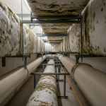 Interior view revealing an office building's exposed utility chase and HVAC ductwork with visible moisture and discoloration, illustrating the cold-bridge effect causing systemic commercial HVAC mold within plenums.