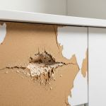 Close-up of severely water-damaged kitchen cabinets, showing swollen, buckled, and discolored MDF near the base. This visual demonstrates why Category 2 water damage from a dishwasher leak necessitates cabinet replacement rather than simple repair, as discussed in 'Repairing Kitchen Cabinets After Dishwasher Leaks: Category 2 Water Risks'.