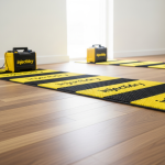 An Injectidry mat is positioned over a section of visibly cupped hardwood flooring, showcasing the non-invasive repair method for water-damaged floors, central to our 'Hardwood Cupping Repair: Injectidry vs. Replacement' guide.