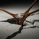 Close-up of a heavily rusted post-tension cable visibly protruding from a damaged concrete slab, precisely depicting the advanced 'Post-Tension Cable Corrosion' covered in our 'The Hidden Slab Killer' article.