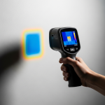 A thermal camera view revealing a wall where a wet patch appears distinctly 'cold' in blue and purple hues, demonstrating thermal inertia and evaporative cooling in action, crucial for pinpointing hidden water leaks.