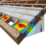 A thermal camera view reveals a distinct cold spot within a wall cavity insulated with spray foam, indicating a hidden leak and trapped water that could lead to structural rot. This illustrates the inspection challenge of finding roof leaks beneath spray foam insulation.