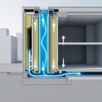 Cross-section of a multi-story building wall showing water's vertical movement through wall cavities by gravity and capillary suction, explaining vertical hydro-migration for Houston water damage repair.