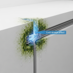 An architectural cross-section reveals a hidden utility chase within a commercial building wall, illustrating how the 'Cold-Bridge Effect' can lead to condensation and systemic mold growth behind surfaces.