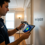 A professional technician carefully scans a wall in a historic Houston home with advanced Hydro-Signature mapping equipment, demonstrating our non-invasive approach to water restoration in areas like Tomball and Heights without demolition.