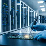 A specialized technician, wearing protective gear, meticulously inspects and cleans server racks within a Clear Lake data center after fire damage. This close-up highlights the precision required for IT micro-soot neutralization and forensic decontamination, safeguarding SCADA systems for businesses needing fire damage restoration in Houston, TX.