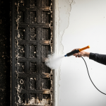 A skilled technician carefully applies dry-ice blasting to remove heavy soot from a historic lath and plaster wall, demonstrating precise surgical preservation during fire restoration work in a Zychlinski Park home.
