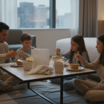 Family seated in a hotel room, representing temporary living expenses (ALE) for lodging and meals after unexpected property damage.