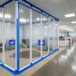 A professional containment barrier set up in a commercial office space, demonstrating 24/7 Restoration Specialists' rapid response to contain water damage and minimize business interruption.