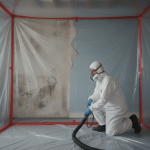 A professional water damage remediation work area featuring clear plastic containment barriers and 'Caution: Lead Hazard' signage, demonstrating EPA RRP Rule compliance for restoration in pre-1978 homes.