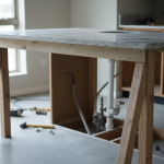 Professional bracing system supporting a continuous granite countertop during the removal of water-damaged lower cabinets, preventing cracks.