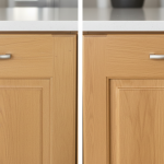 Close-up of two adjacent kitchen cabinet doors with visibly mismatched wood stains, illustrating why Houston homeowners need full replacements for water-damaged kitchens due to insurance claims.