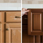 A kitchen showing newly replaced, lighter-toned cabinets next to existing darker ones, illustrating a common 'uniform appearance' issue in Texas insurance claims for kitchen restoration.