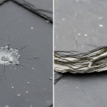 Close-up of slate roof tiles showing various stages of delamination, illustrating the visual differences between natural wear and potential hail impact damage.