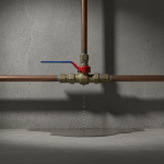 Close-up of a main residential water shut-off valve with a red handle, demonstrating a critical first step to take before emergency water extraction.