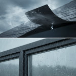 Water stains visible on an interior ceiling, showing hidden damage often caused by wind-driven rain through a 'created opening' in the roof structure.