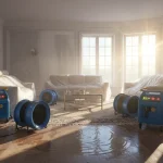 Professional water damage restoration equipment operating inside an upscale home in Bellaire and West University Place.