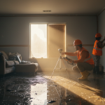 A professional restoration expert inspecting a flooded residential living room for hurricane recovery and water damage repair.