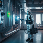 A forensic technician performing advanced HVAC mold remediation and bioaerosol inspection on complex ductwork inside a luxury River Oaks estate.