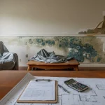 Cost calculation clipboard and blueprints in a water-damaged Meyerland Houston home requiring mold remediation.