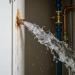 Burst frozen pipe spraying water in Houston apartment during winter freeze