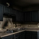 Fire damage aftermath in Houston apartment kitchen with restoration professional