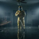 Professional restoration worker in protective gear assessing a Category 3 sewage backup in a flooded Houston property.