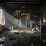 Interior of a Houston home showing simultaneous smoke and water damage after a residential fire, featuring charred walls and flooded floors.