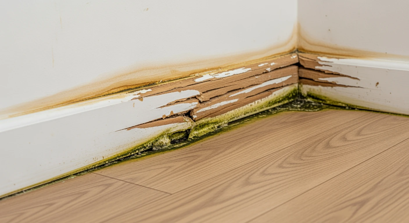 Water damage at baseboard with mold