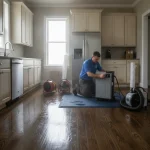 Certified technician uses professional equipment for kitchen water damage restoration after a dishwasher leak in Houston.