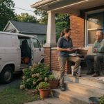 Restoration tech talking with a homeowner on a porch