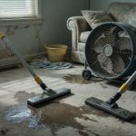 Water-extraction wands and a floor fan in a living room